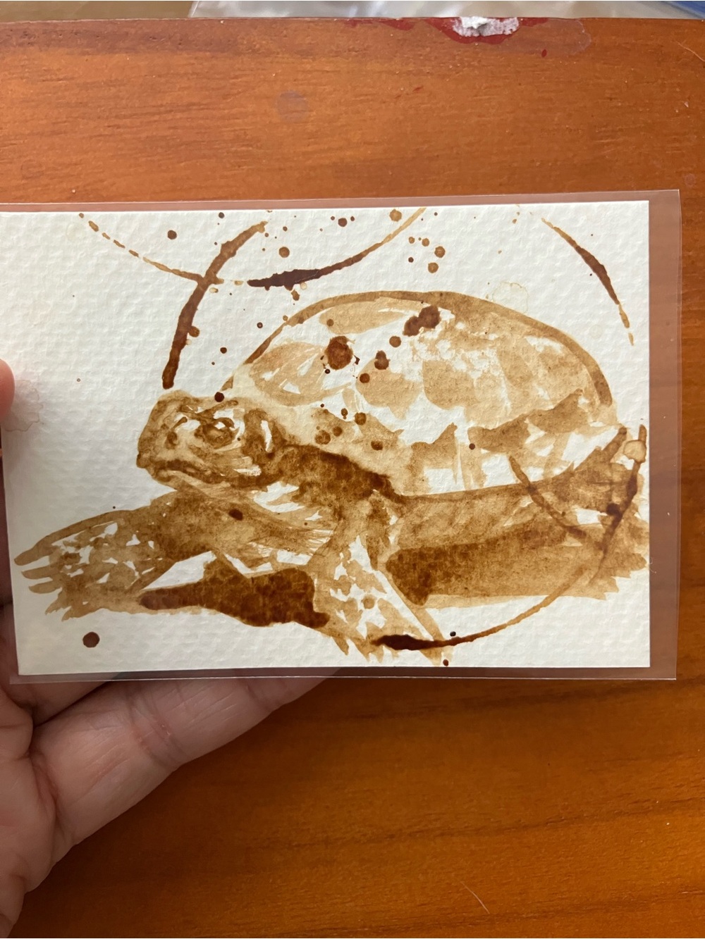 Aceo original coffee turtle painting atc reptile gift art collectible Artettina